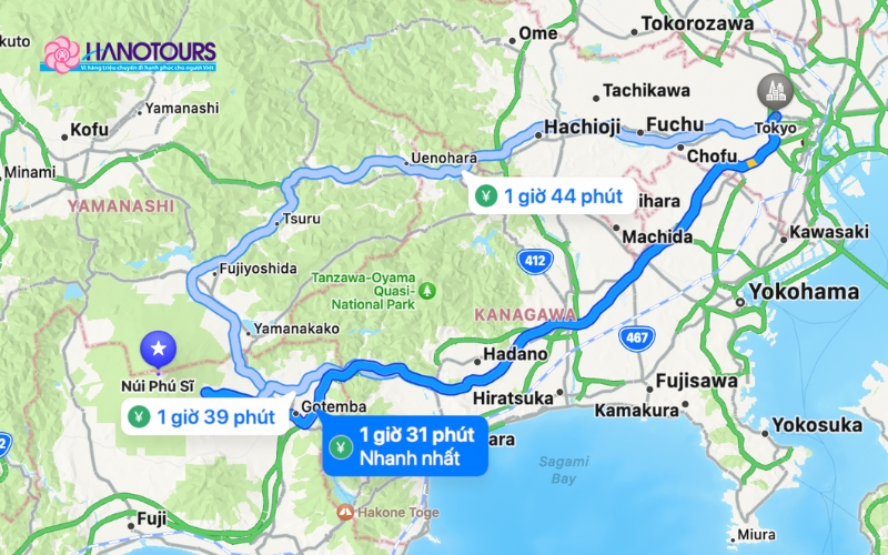 Bản đồ di chuyển từ Tokyo đến núi Phú Sĩ