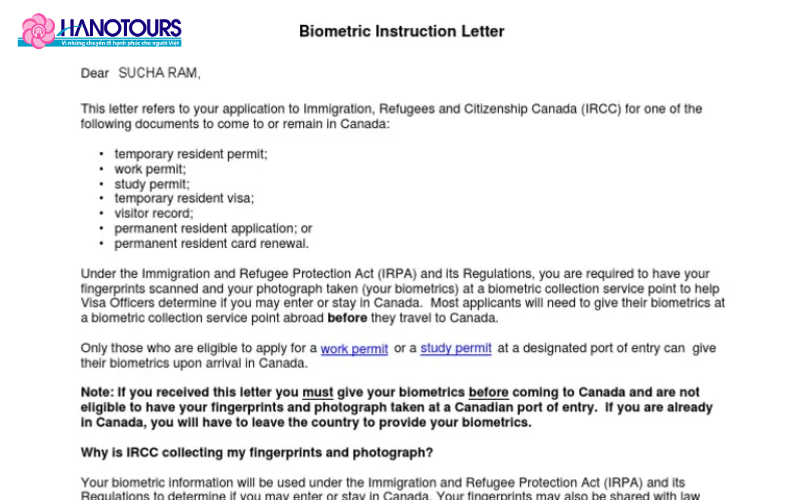 Biometric Instruction Letter từ hệ thống IRCC