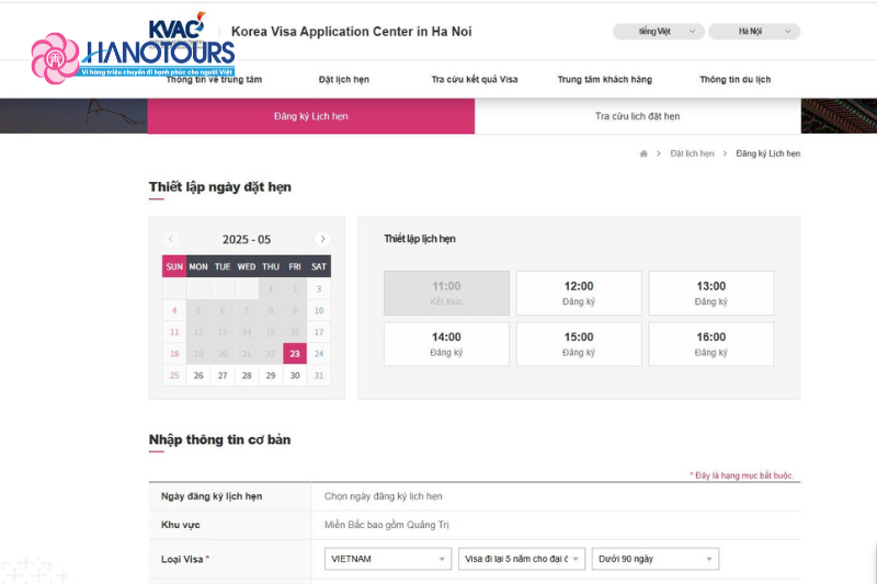 Giao diện trang web đăng ký lịch hẹn tại khu vực Hà Nội