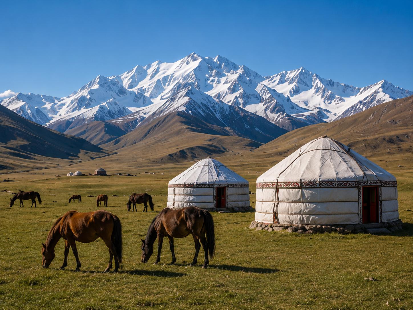 Thung lũng Alay Kyrgyzstan với thảo nguyên rộng lớn và dãy Pamir phủ tuyết hùng vĩ
