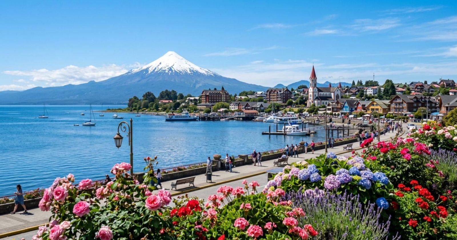 Puerto Varas dịu dàng bên mặt hồ xanh biếc, nơi những đỉnh núi lửa phủ tuyết tô điểm cho vẻ đẹp thanh bình của miền nam Chile