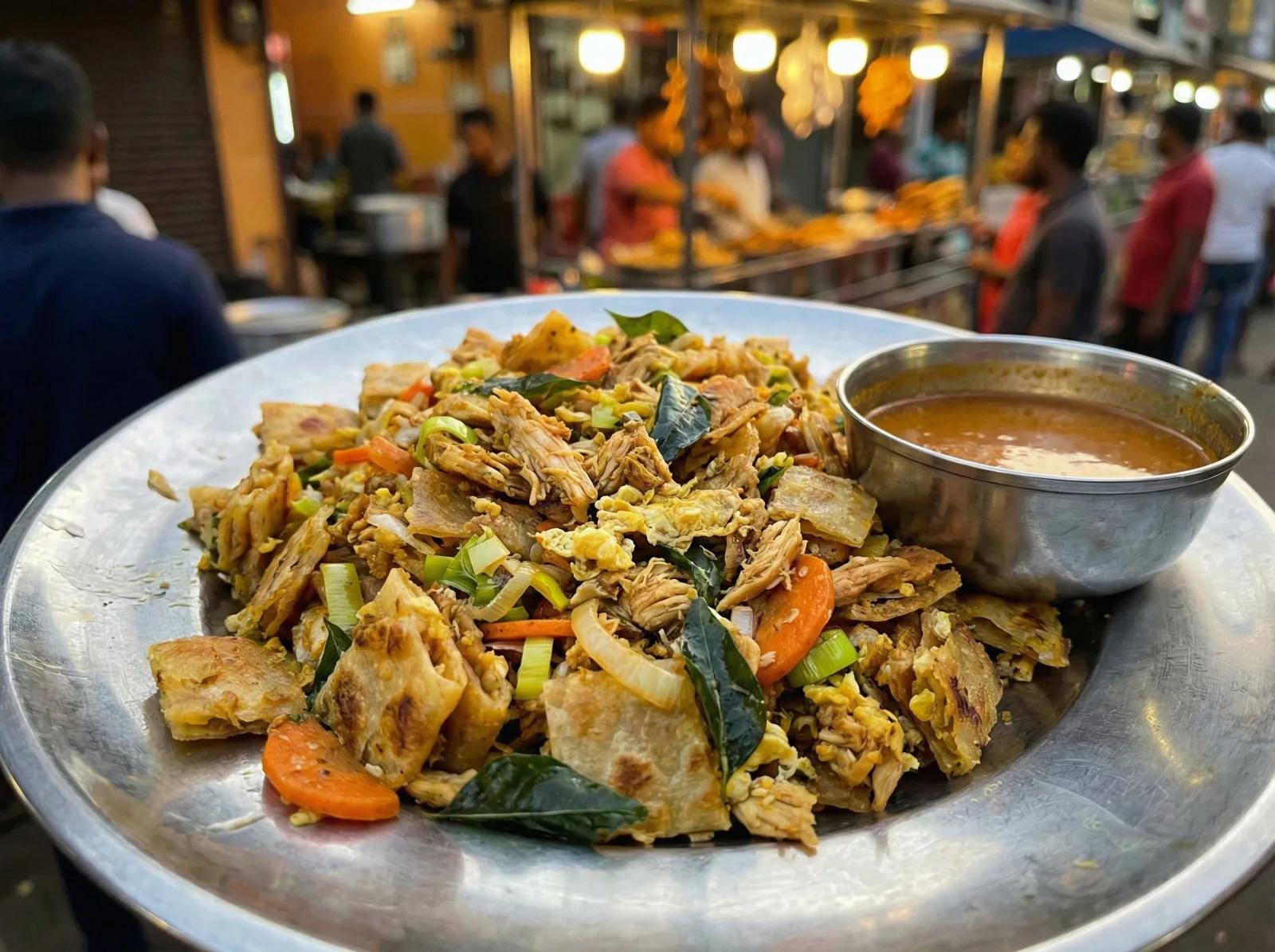 Kottu Roti là món ăn đường phố nổi tiếng của Sri Lanka với bánh roti thái nhỏ xào cùng rau, trứng, thịt và các loại gia vị đậm đà